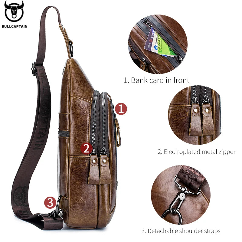 BULLCAPTAIN brown leather chest bag for men with metal zippers, detachable strap, and multi-function compartments.