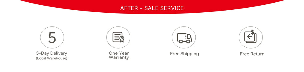 Customer service icons showing 5-day local delivery, one-year warranty, free shipping, and free return policies.