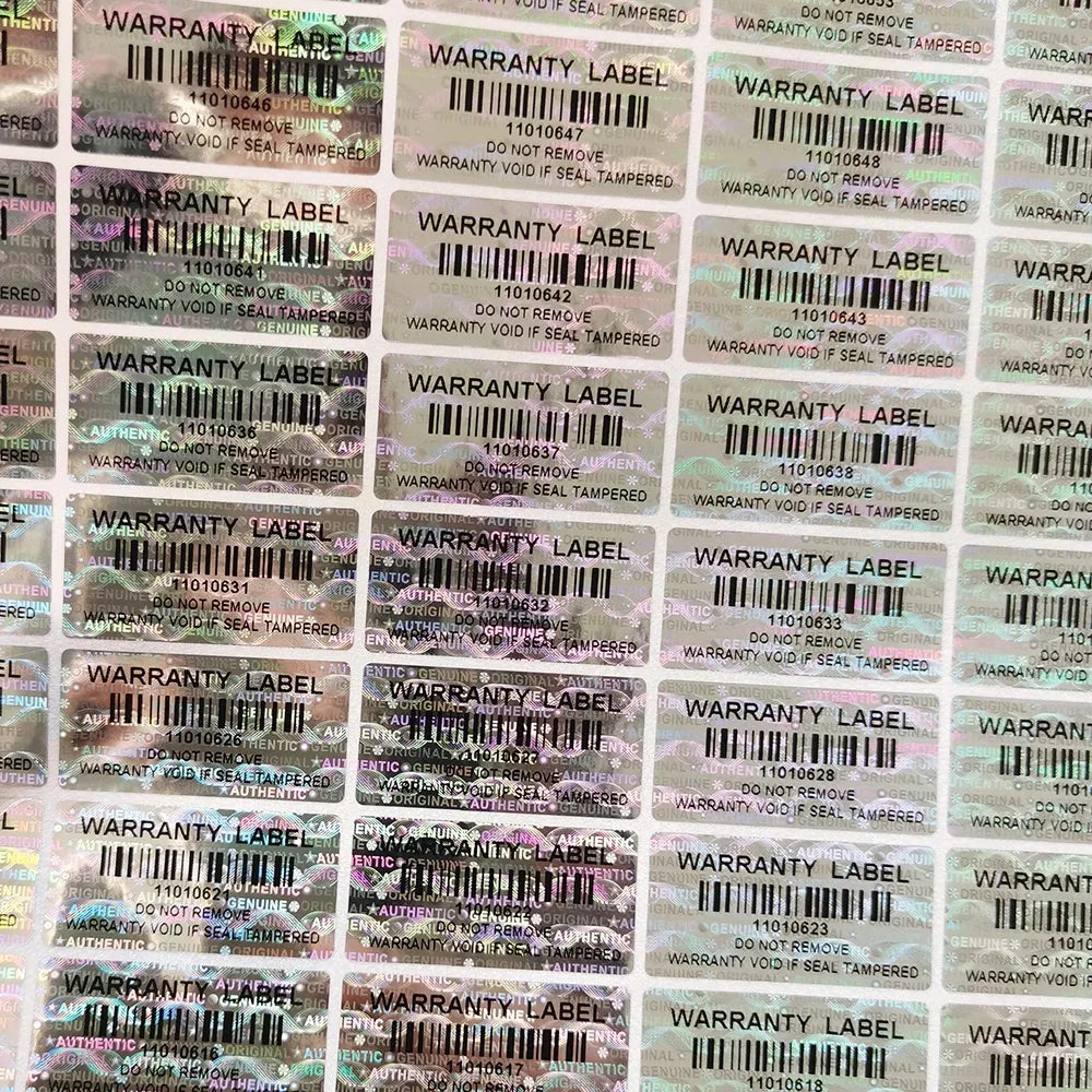 Grid of holographic warranty label stickers with barcode-style serial markings