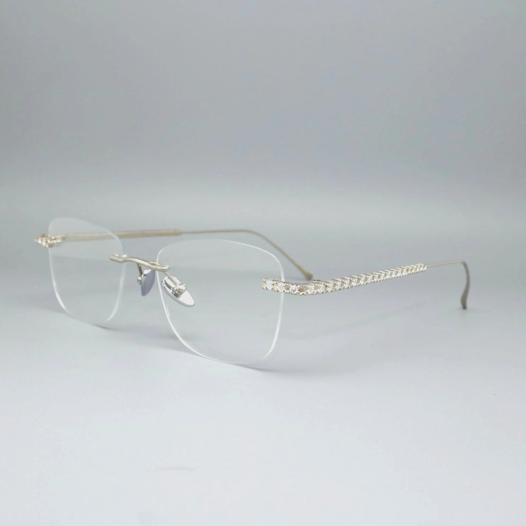 High-End Handcrafted Unisex Rimless Eyewear Moissanite-Encrusted Temples Lightweight Metal Frame Fashionable Myopia Glasses for