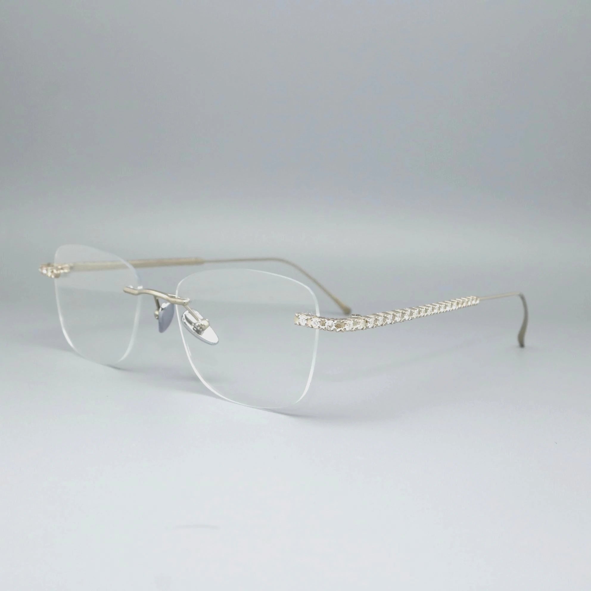 High-End Handcrafted Unisex Rimless Eyewear Moissanite-Encrusted Temples Lightweight Metal Frame Fashionable Myopia Glasses for