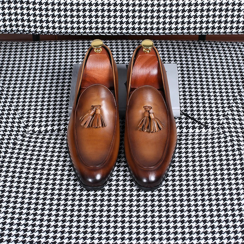Isirhonour Hand-painted Patina Leather Loafers Mens Slip on Tassel Moccasins Italian Apron Toe Dress Shoes for Formal Party