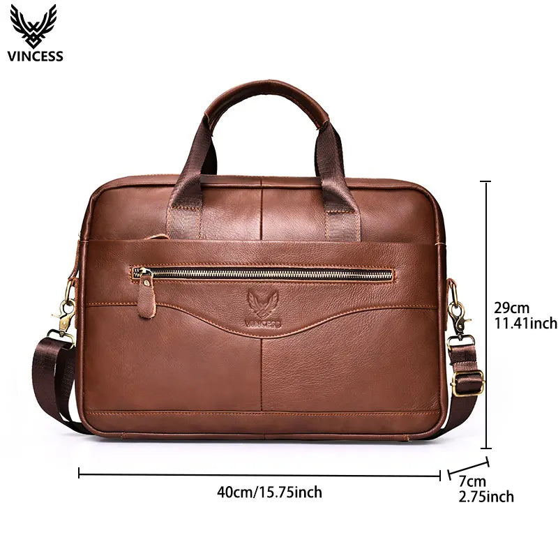 VINCESS Genuine Leather Zipper Closure Business Briefcase Office Executive Lawyer Handbag Men Bag Laptop Computer Crossbody Bag