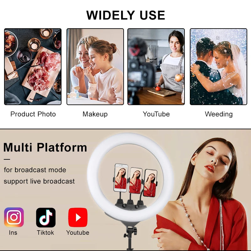 White circular ring light with three phone mounts for live streaming, makeup, and photography.