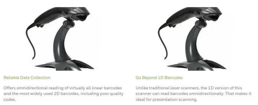 Black presentation barcode scanner shown in two angles on its stand