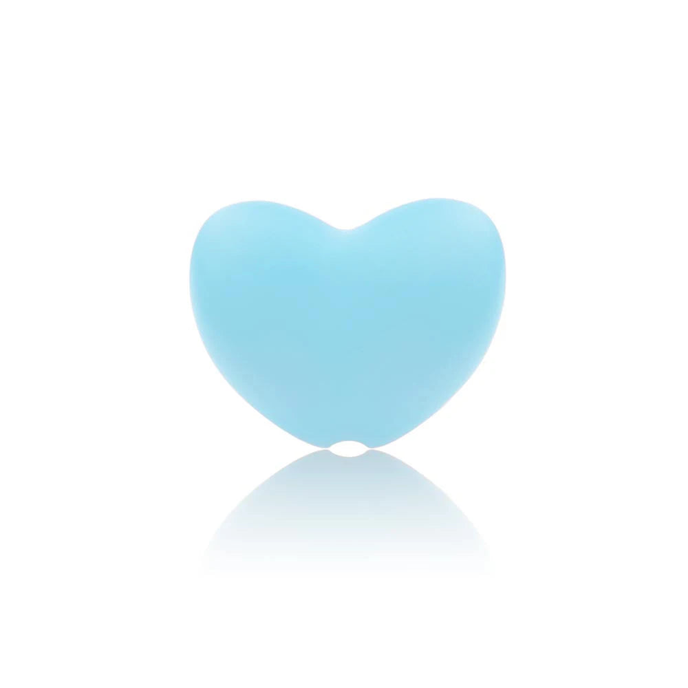 Light blue heart-shaped silicone baby teething toy for soothing gum pain.