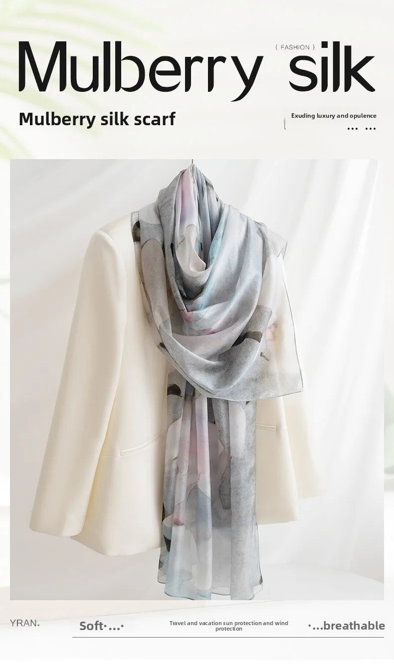 Carefully Selected Hangzhou Silk Scarf Women Long Mulberry Silk Shawl Ink-wash Peony Print Vintage Style Premium Feel Spring