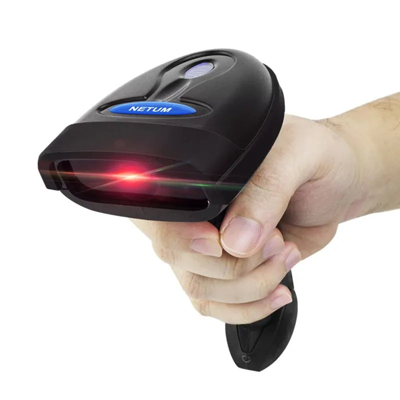 Handheld black wireless barcode scanner with front scan window and red laser beam