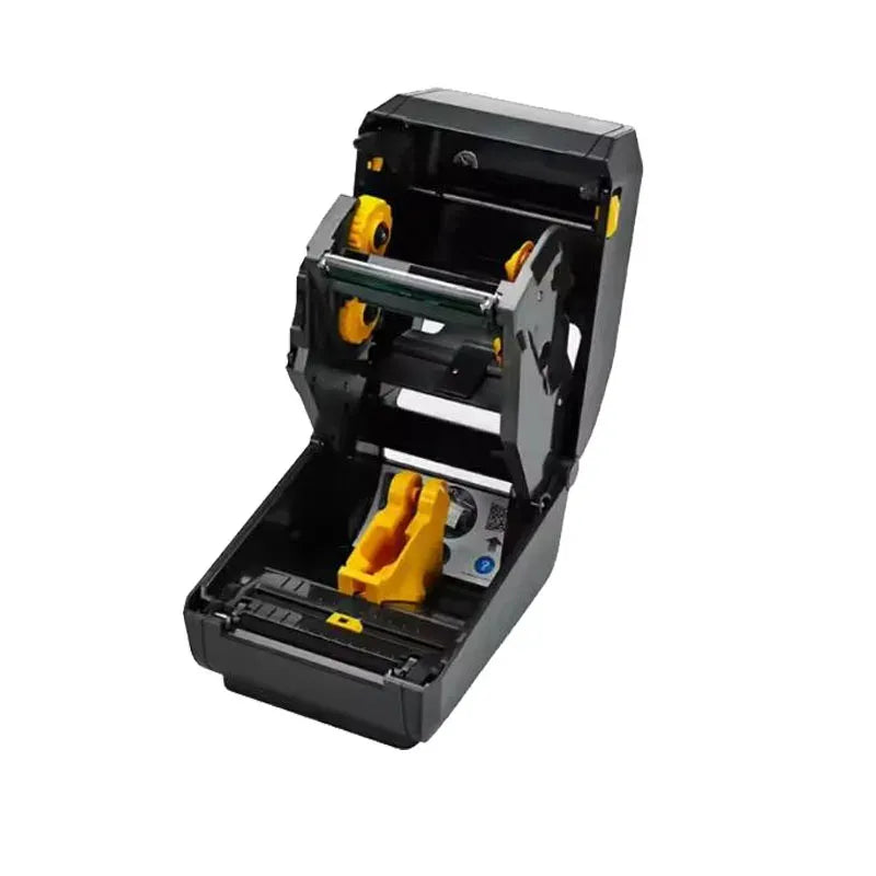 Thermal label printer with open cover, showing print mechanism and ribbon compartment