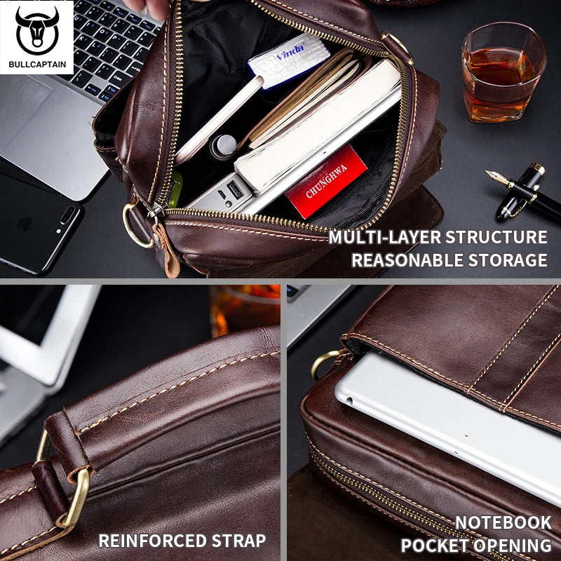 BULLCAPTAIN vintage brown genuine leather men’s messenger bag with multi-layer storage, zip pockets, and sturdy strap.