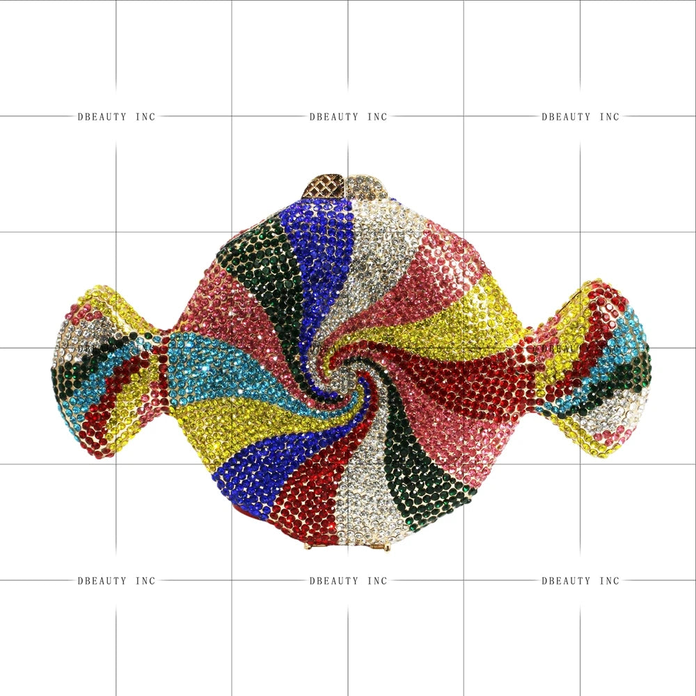 Multicolor rhinestone candy-shaped clutch, sparkling designer evening handbag with a vibrant crystal spiral pattern.