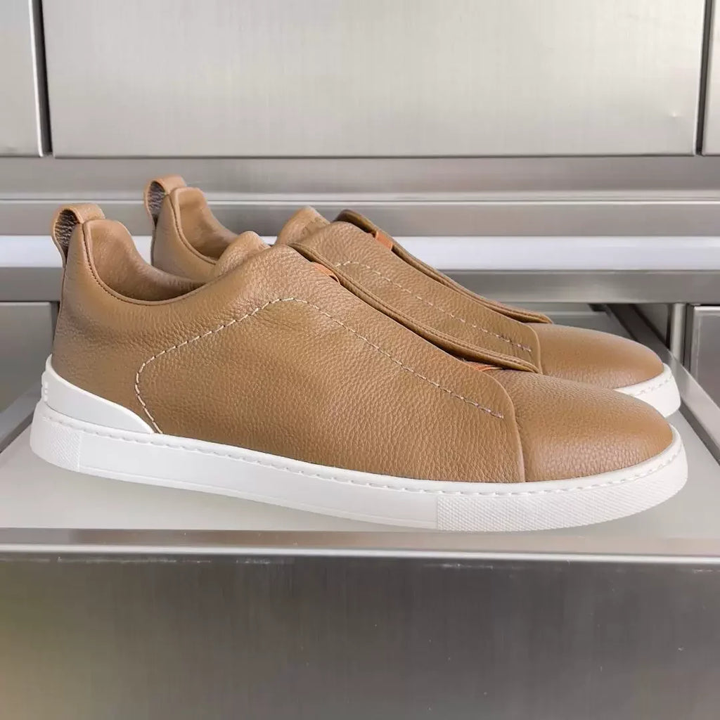 2026 Premium Men's Minimalist Sneakers Cream White Genuine Leather Slip-on Casual Shoes Luxury Grain Cowhide Loafers for Men