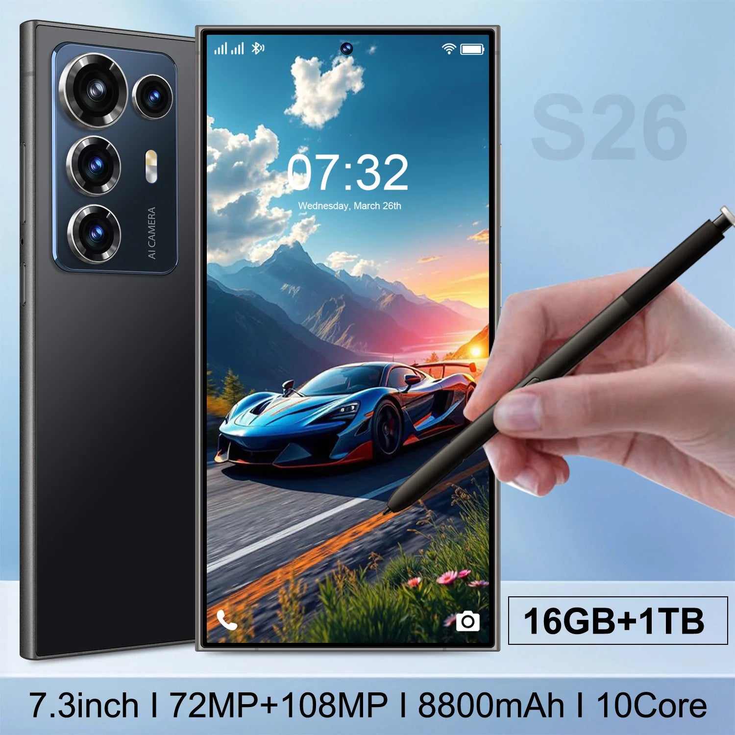S26 Ultra smartphone with 7.3 inch display and long battery life, 2026 unlocked factory direct model, side view