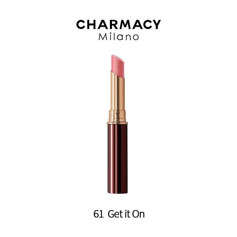 Charmacy long-lasting velvet matte lipstick in shade 61 Get it On, a soft pink lipstick in a sleek gold tube.