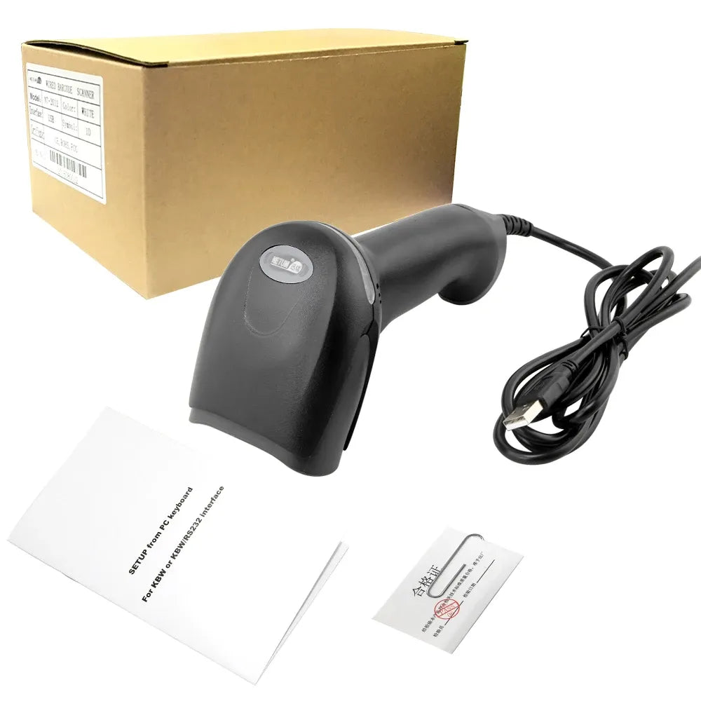 Wired handheld 2D barcode scanner with cable, box, and included paperwork