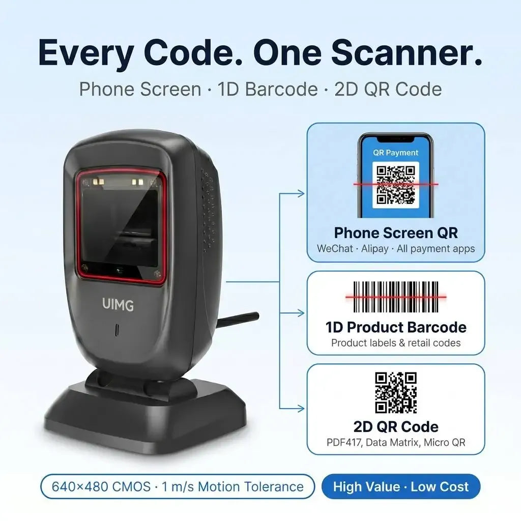 Black 2D QR code scanner on stand with scan window and labels for phone and barcodes