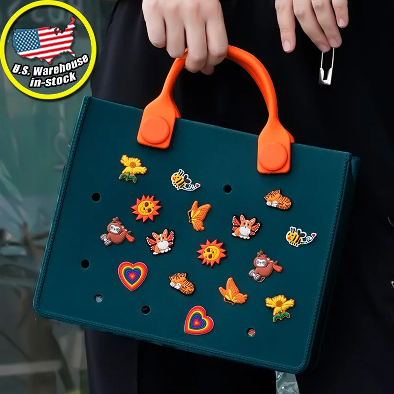 Dark green waterproof EVA tote trunk with orange handles and assorted DIY charm holes for customizable bag decor.