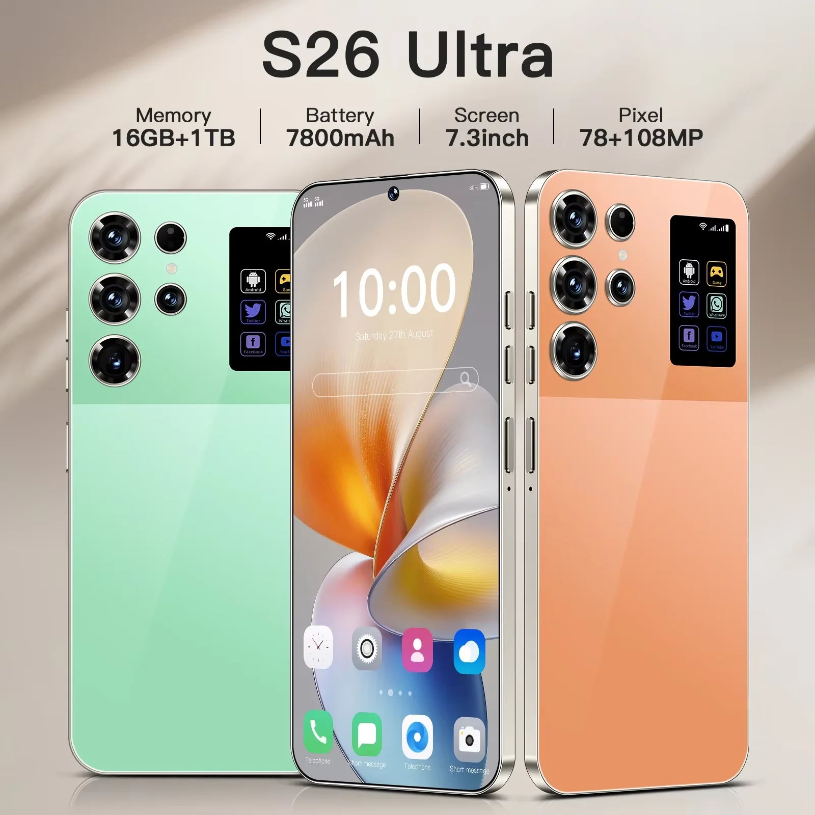 Dropshipping S26 Ultra 7.3 Inch 16GB+1TB 5G Smartphone 72+108MP HD Camera Dual Card 5G Android 14.0 Unlocked Cellphone - Tidesmit