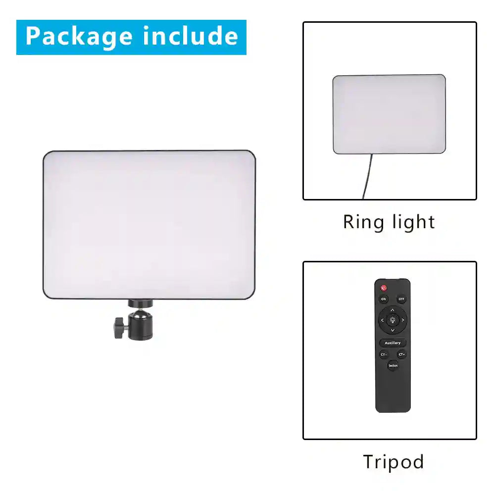 Rectangular LED panel light with adjustable ball mount and a remote control for photography and video lighting.