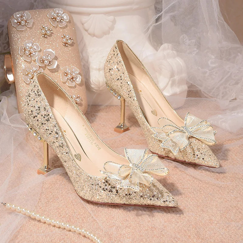 Luxury Shiny Champagne Gold High-heeled Women's Shoes Pointed Toe Designer Heels Ladies Sexy Bridal Wedding Gowns Shoe