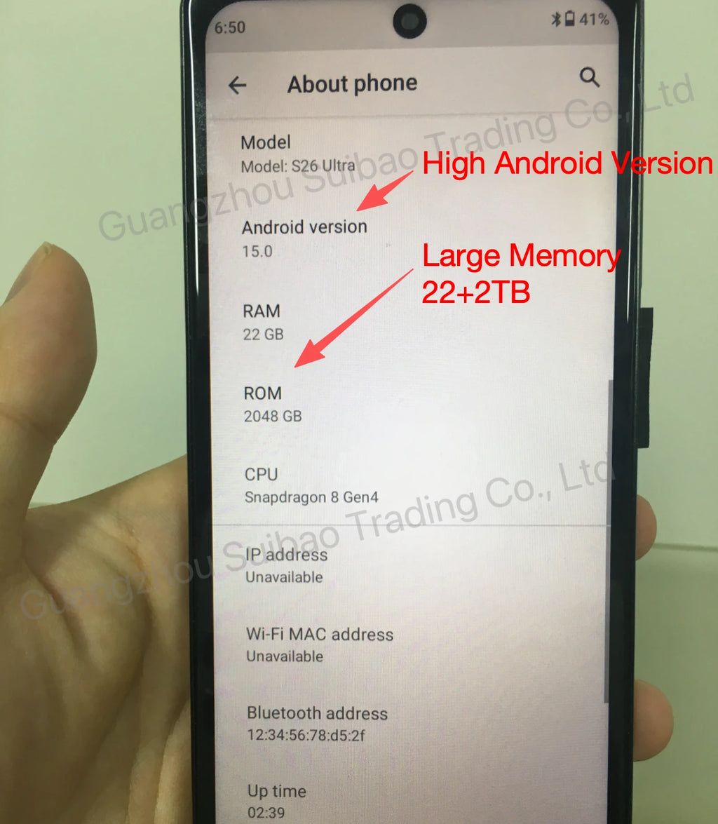 S26 Ultra smartphone 2026 model with 7.3 inch display, 22GB RAM, 2TB storage, and 108MP camera, side profile view