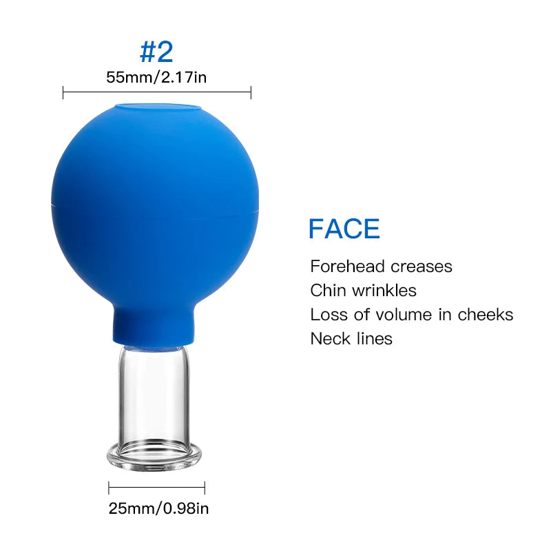 Blue silicone vacuum cupping massage glass with a clear base, measuring 25mm wide for facial anti-aging therapy.