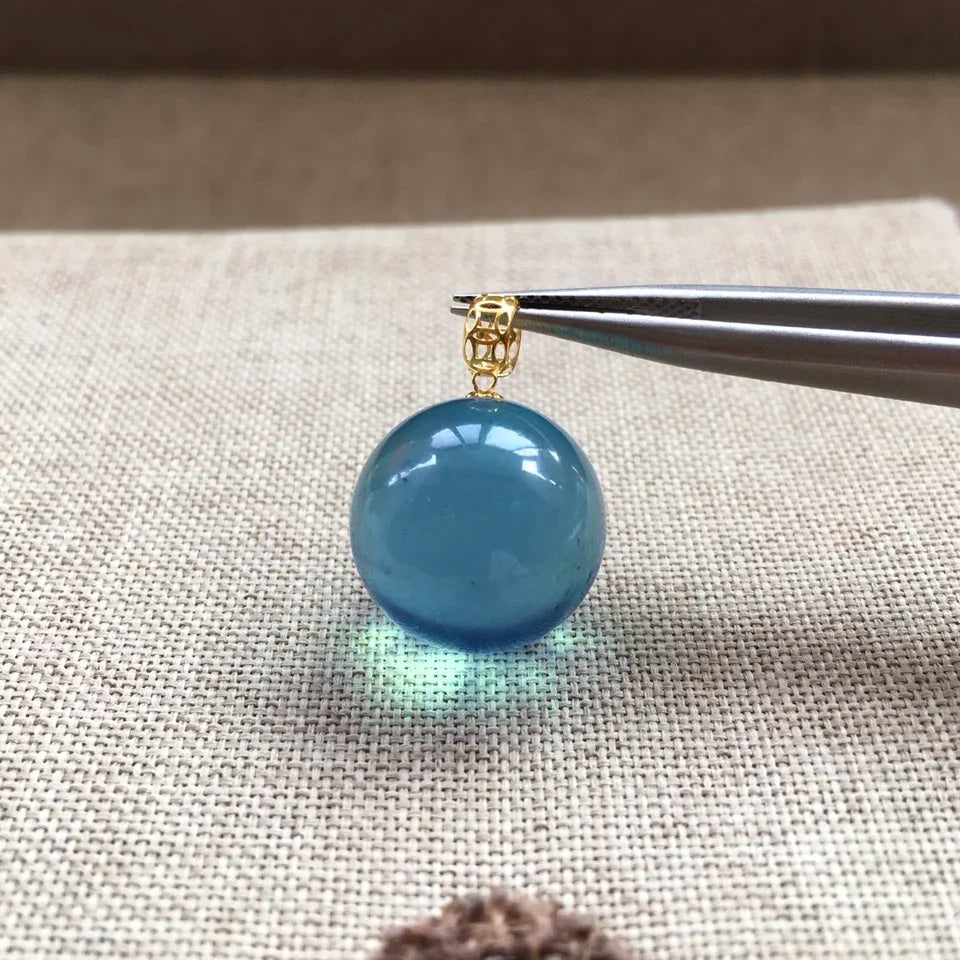 14mm Natural Ocean Aquamarine Beads Classic Pendant Necklace Women Men 18k Silver Wealth Gift Healing Crystal Jewelry