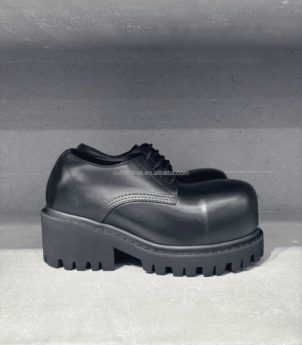 Extra Round Toe Lace-up Metal Logo Winter Dress Shoes Luxury Unisex Calf Leather Men Alaska Boots Men Stomper Chunky Derby Shoes