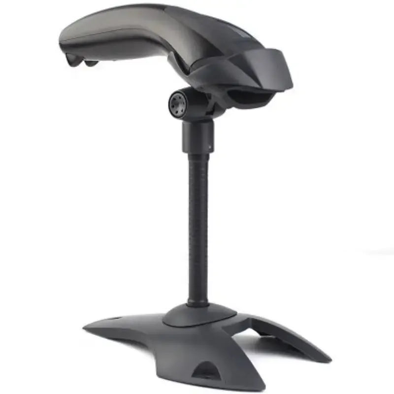 Black presentation barcode scanner on vertical stand with base foot
