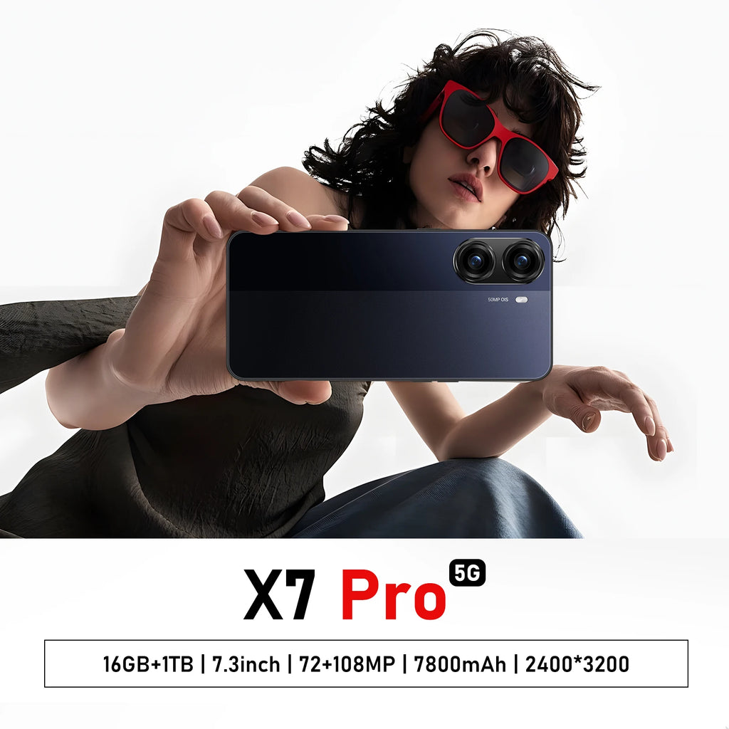 Tidesmit X7 Pro Android smartphone in sleek black with 7.3 inch display and 7800mAh battery for all day usage