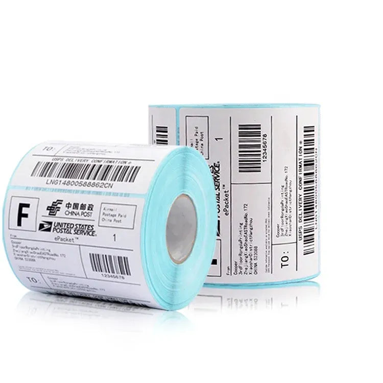Shipping label roll with barcodes and QR codes, white with teal edge