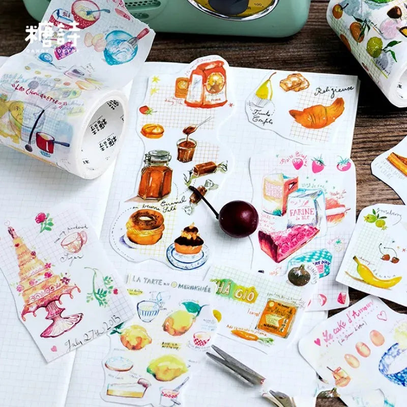 Food-themed adhesive paper tape rolls featuring jars, fruits, and pastries