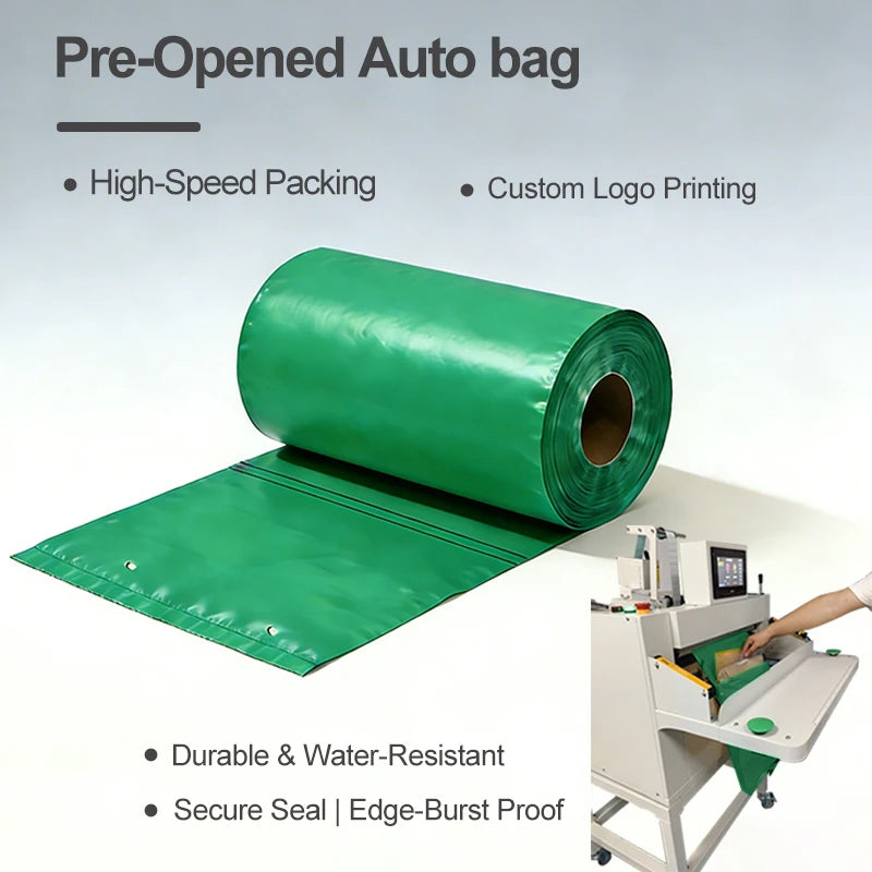 Pre-opened automatic roll bag: green roll and flat sheet for packing documents
