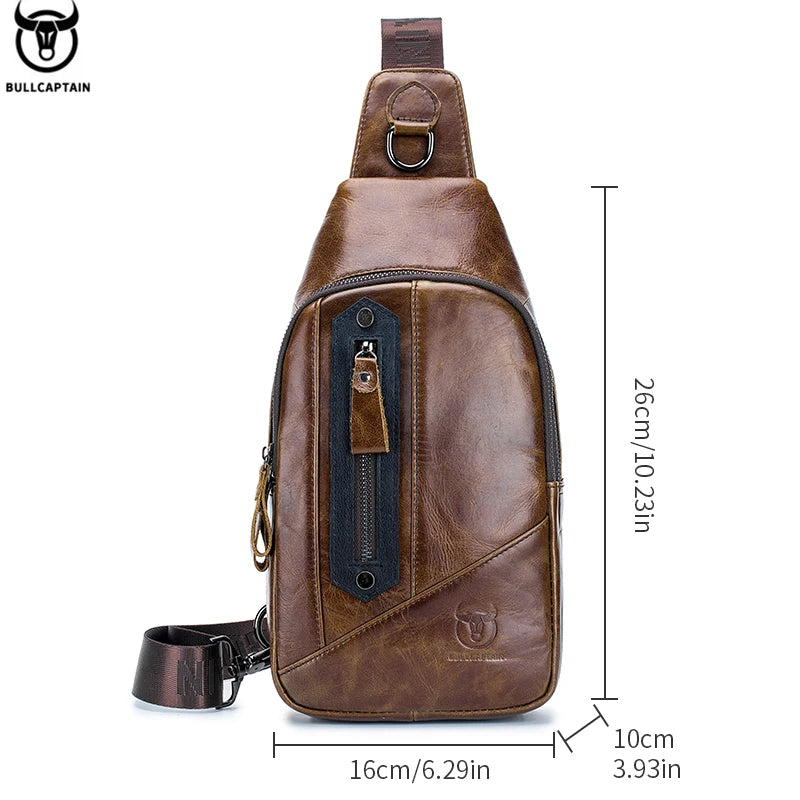 BULLCAPTAIN brown leather chest bag for men with vertical front zipper pocket, messenger style, and adjustable strap.