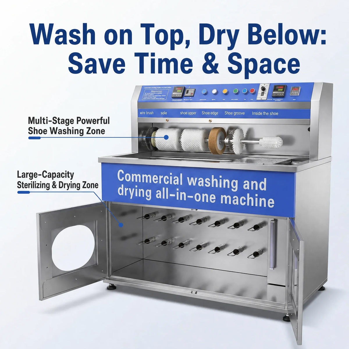 Commercial Shoe Washing and Drying Machine with Multiple Brushes