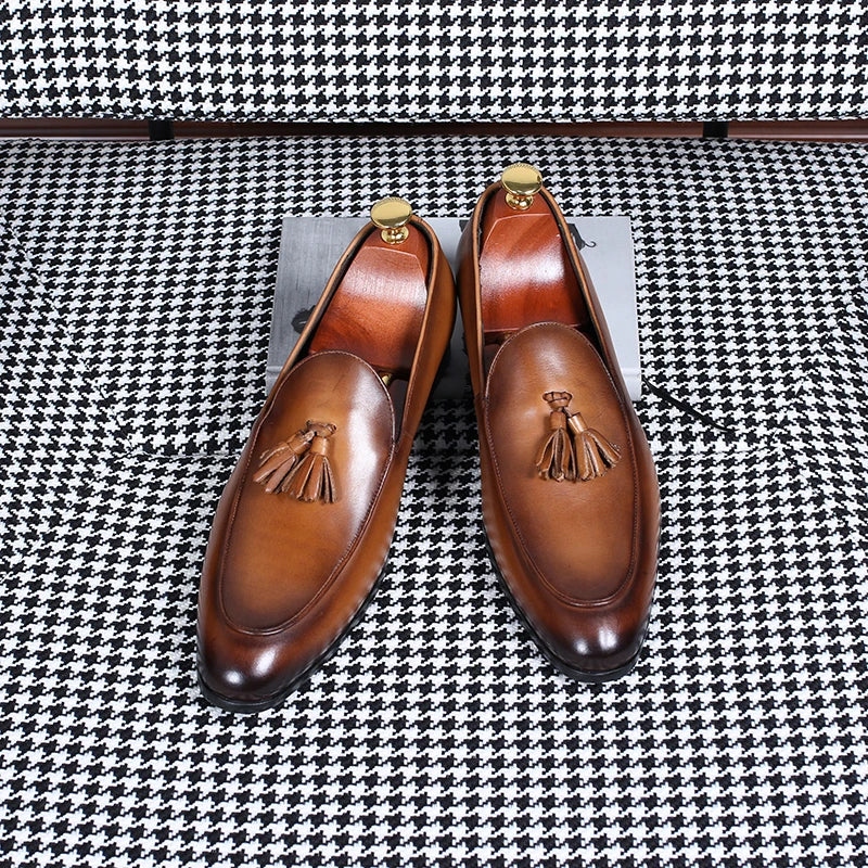 Isirhonour Hand-painted Patina Leather Loafers Mens Slip on Tassel Moccasins Italian Apron Toe Dress Shoes for Formal Party