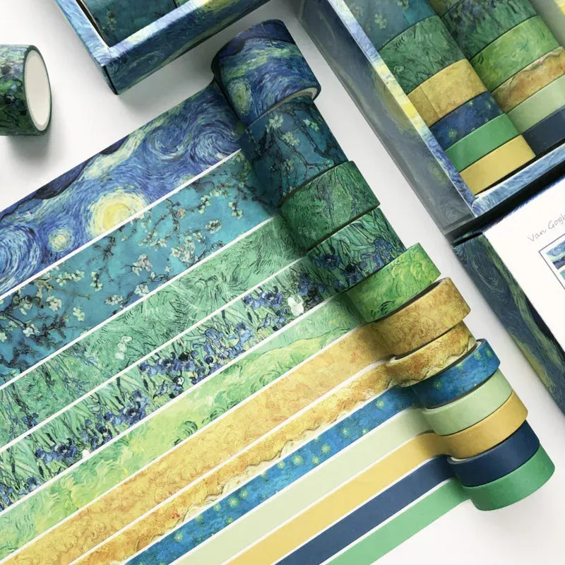 Washi tape set with blue-green nature prints and stripes in multiple widths