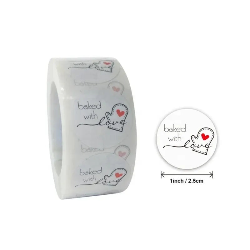Thank-you sticker roll, white with “baked with love” text and red heart icons