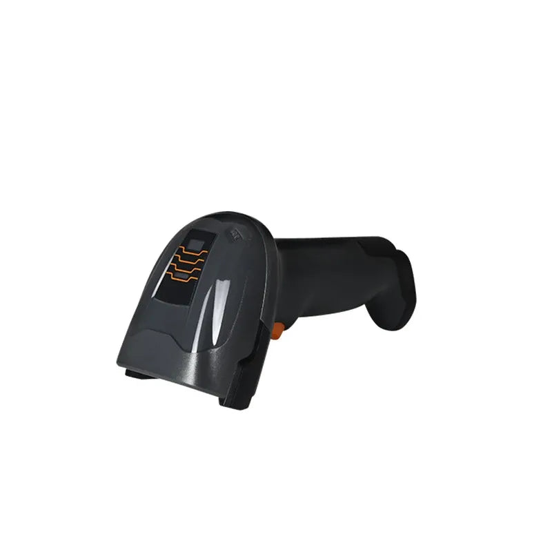 Handheld barcode scanner with slanted head and scan window, black housing