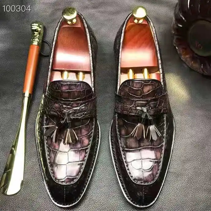Goodyear Welt Luxury Loafer Shoes for Men Genuine Crocodile Leather Formal Shoes Tassel Office Wear Men's Dress Shoes