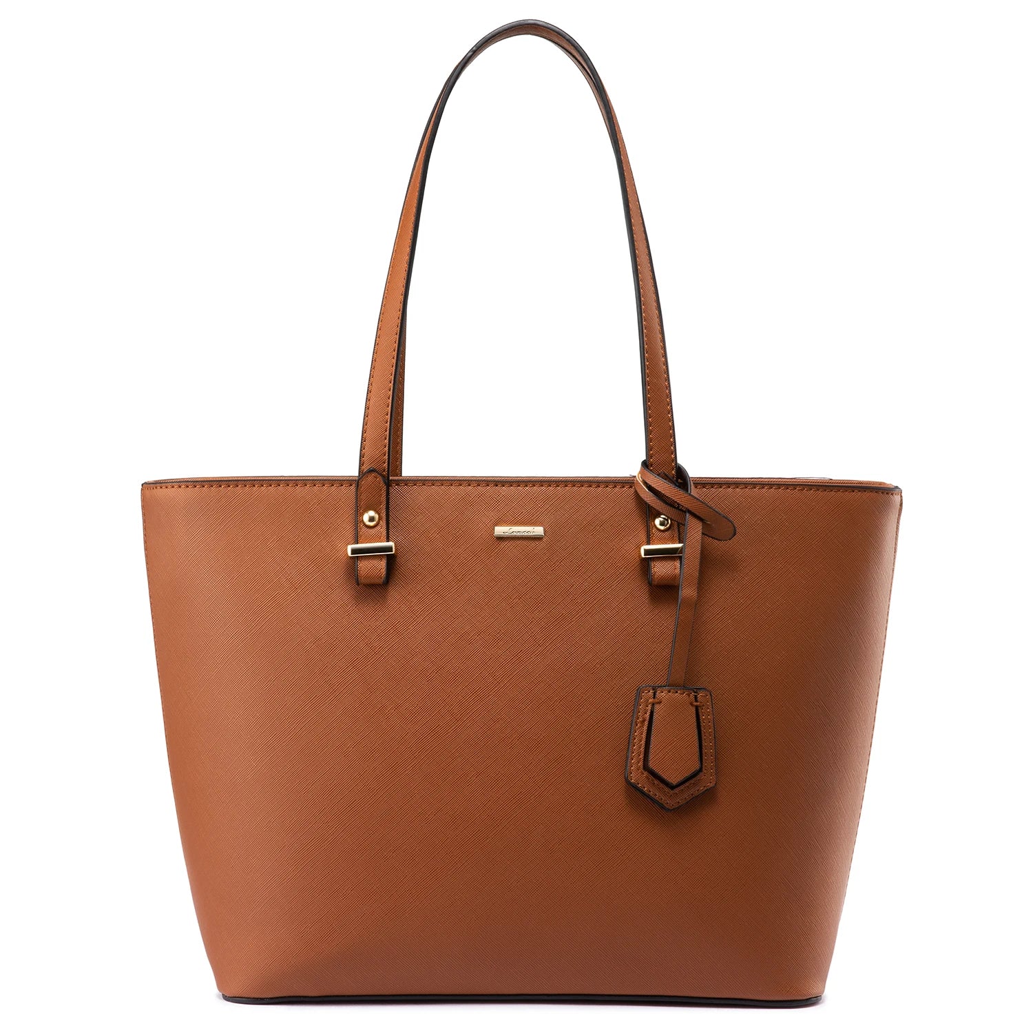 Tan PU leather tote bag, luxury designer handbag with gold hardware, minimalist shoulder bag for women.