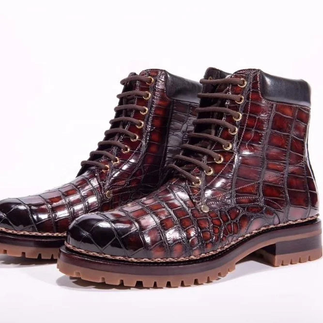 Stylish Men's Leather Boots Rubber Sole Luxury Genuine Crocodile Leather Shoes High Top Quality Ankle Boots for Men Shoes