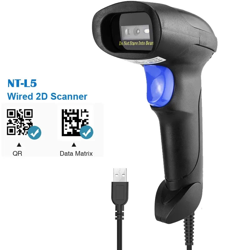 Black wired 2D handheld barcode scanner with blue trigger and USB cable
