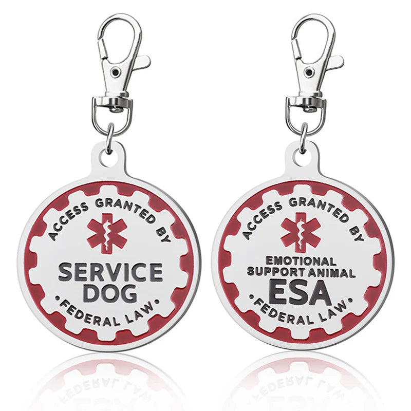 Durable metal Service Dog and ESA ID tags for collars or harnesses to easily identify support animals.