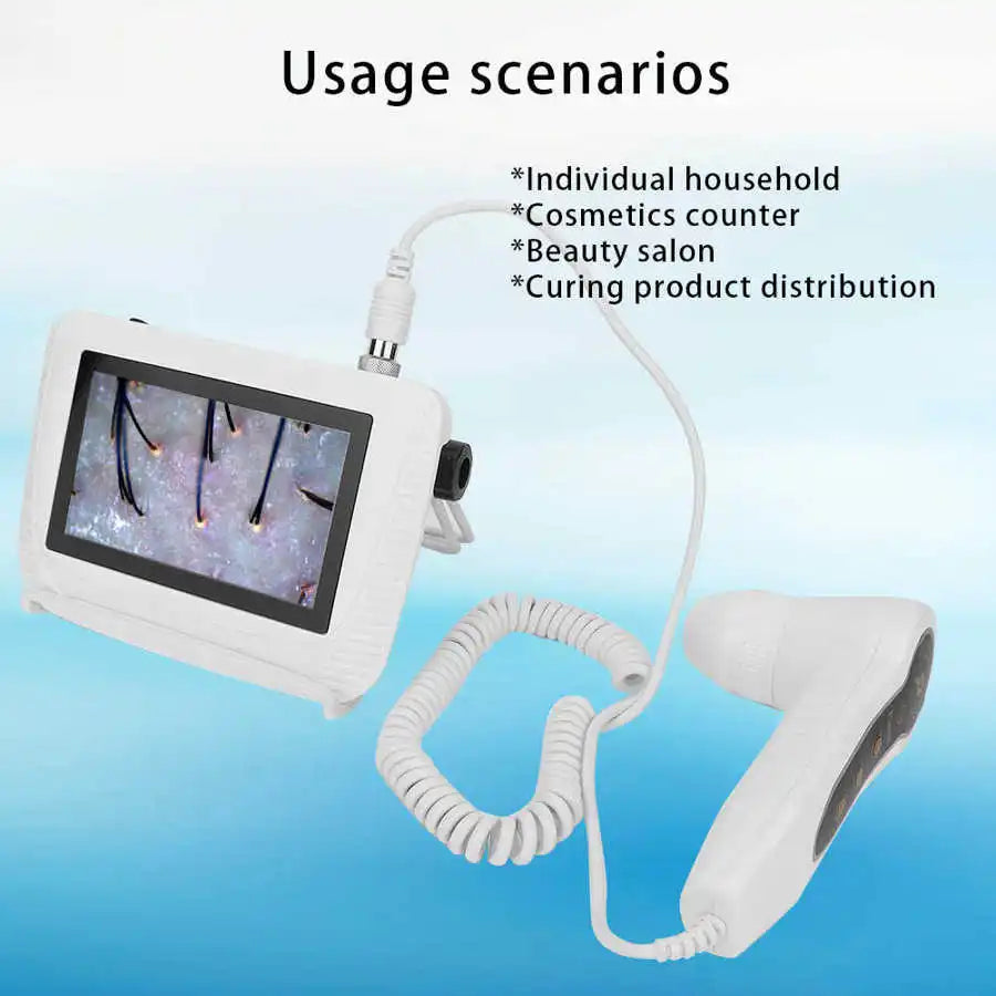 Portable white digital skin and hair follicle analyzer with screen displaying scalp magnification for beauty care.