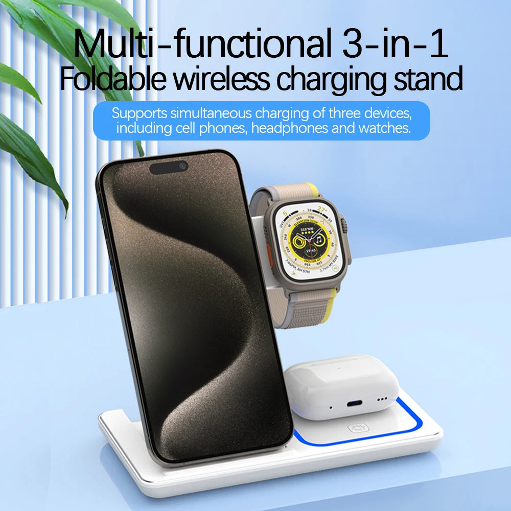 Wholesale Portable 3 in 1 Multifunction Fast Wireless Charging Stand 15w Phone 3 in 1 Foldable Wireless Charger Tidesmit