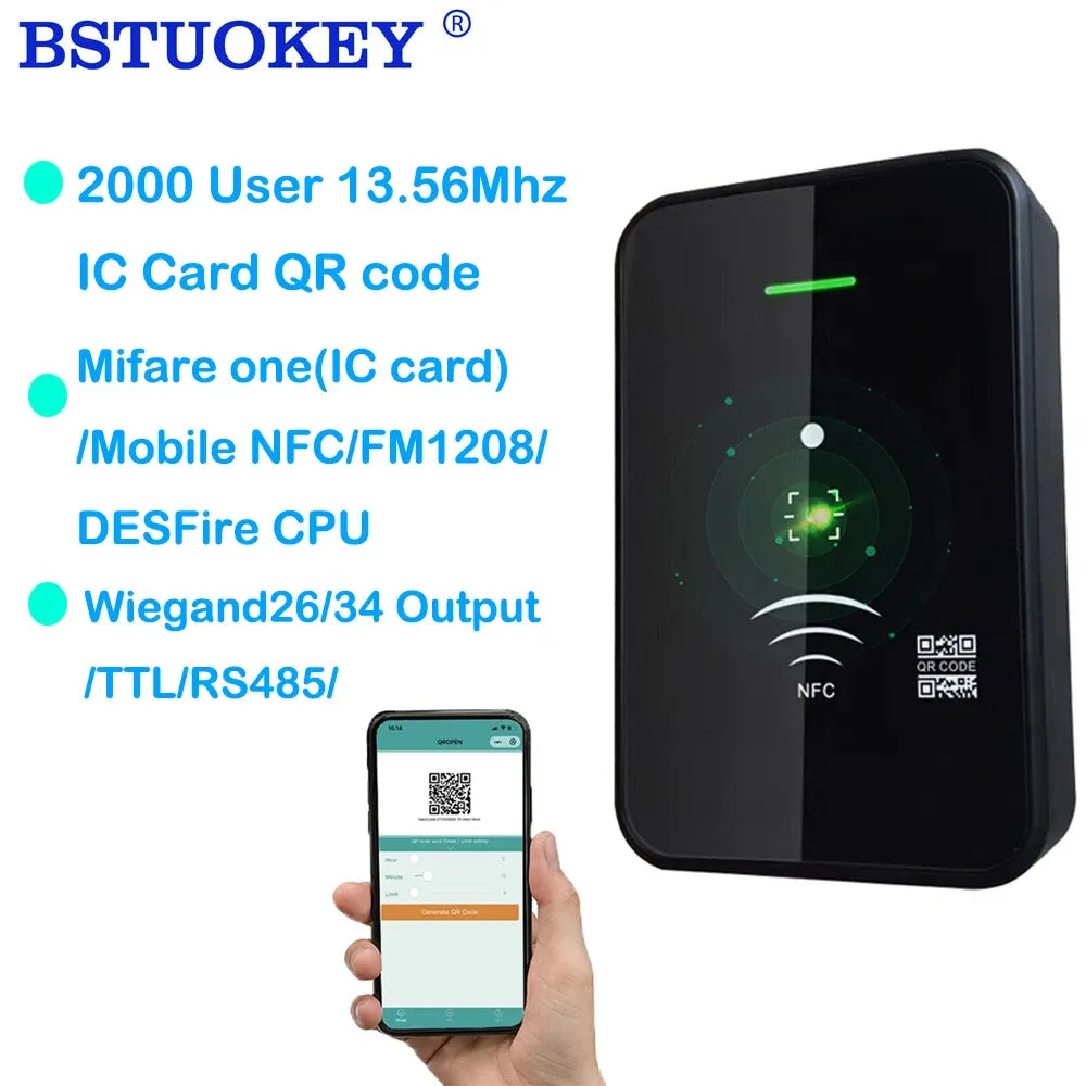 Black NFC QR code access card reader with status light and NFC icon