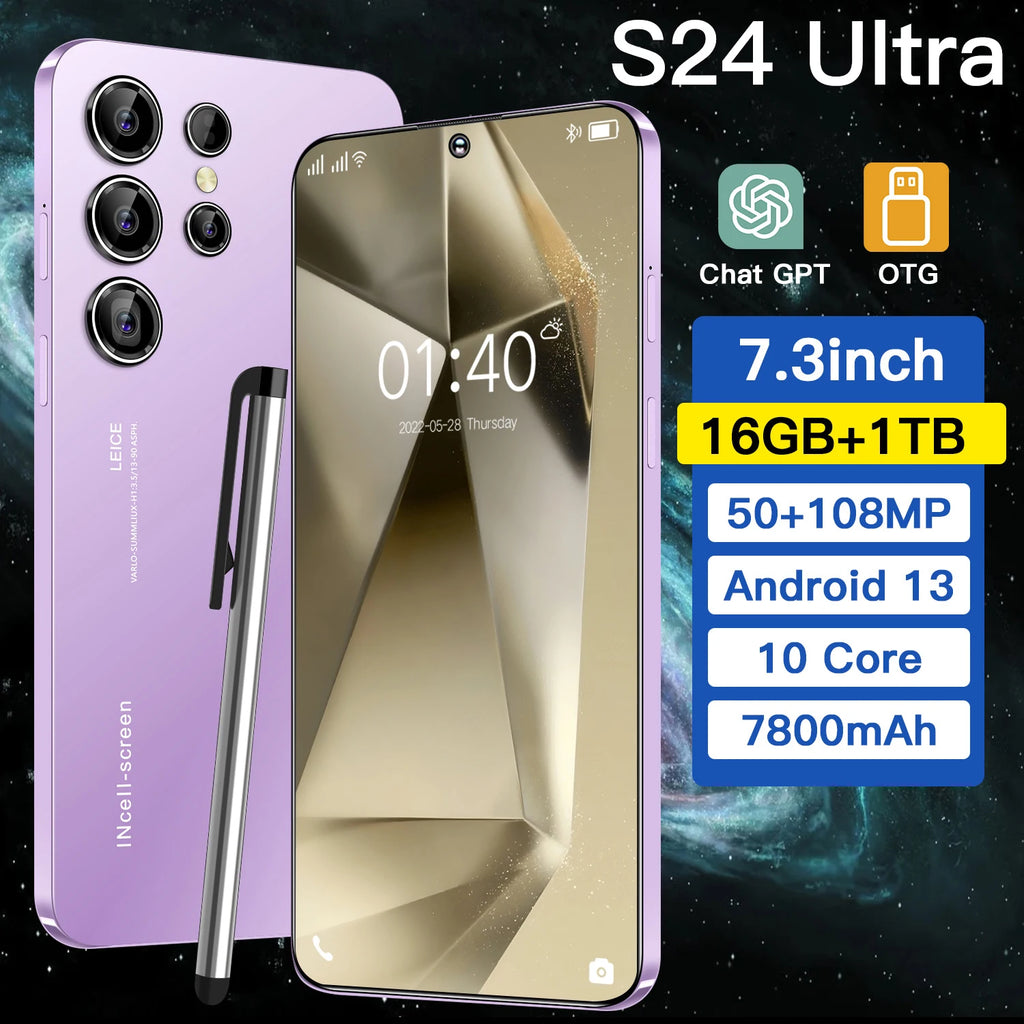 Tidesmit S24 Ultra 5G smartphone with 7.3 inch screen 16GB RAM and 108MP camera in sleek modern design