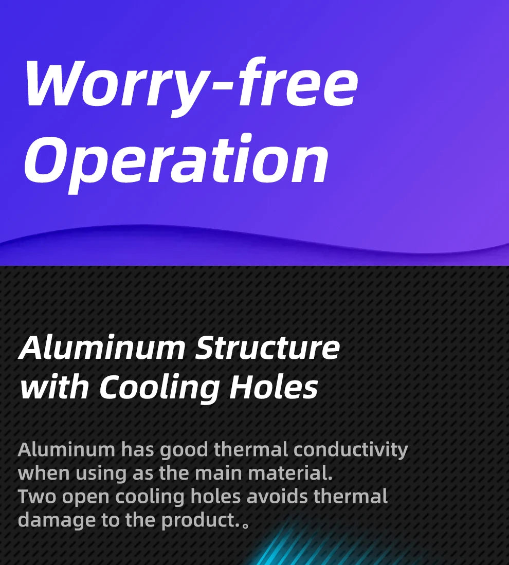 Aluminum cooling structure with two ventilation holes to prevent thermal damage to hardware.