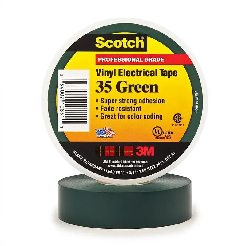 Vinyl electrical tape roll in green, PVC insulation, pressure-sensitive, 19 mm width